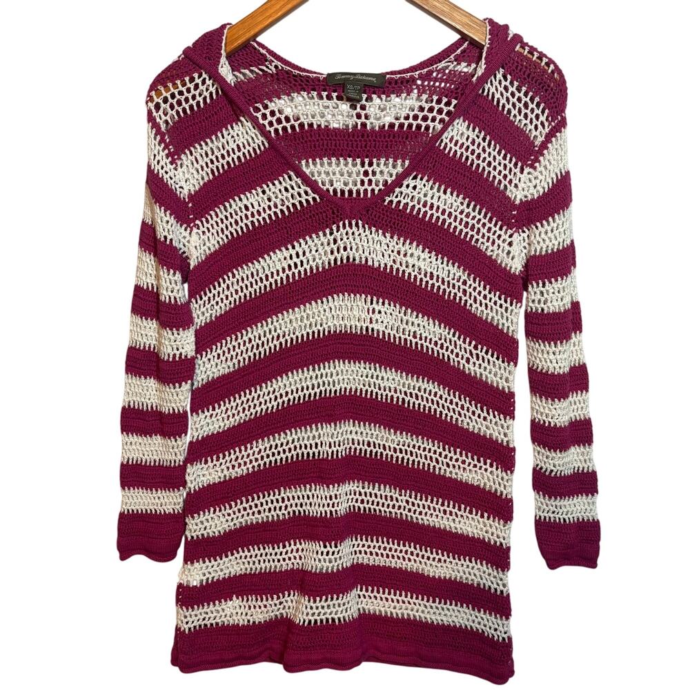 Tommy Bahama Hoodie Sweater Womens XS Pink White Striped Open Knit Cotton Swim